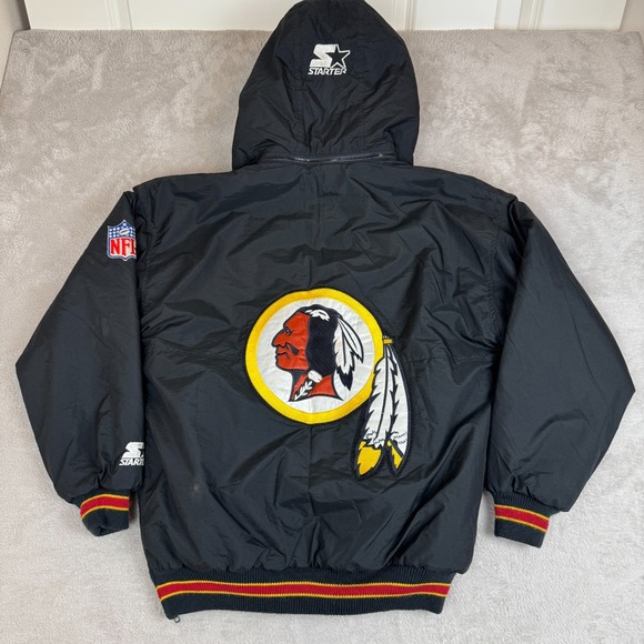 VTG Starter NFL Washington‎ Redskin Jacket Mens S Black Preowned Stain Hooded - Picture 2 of 7